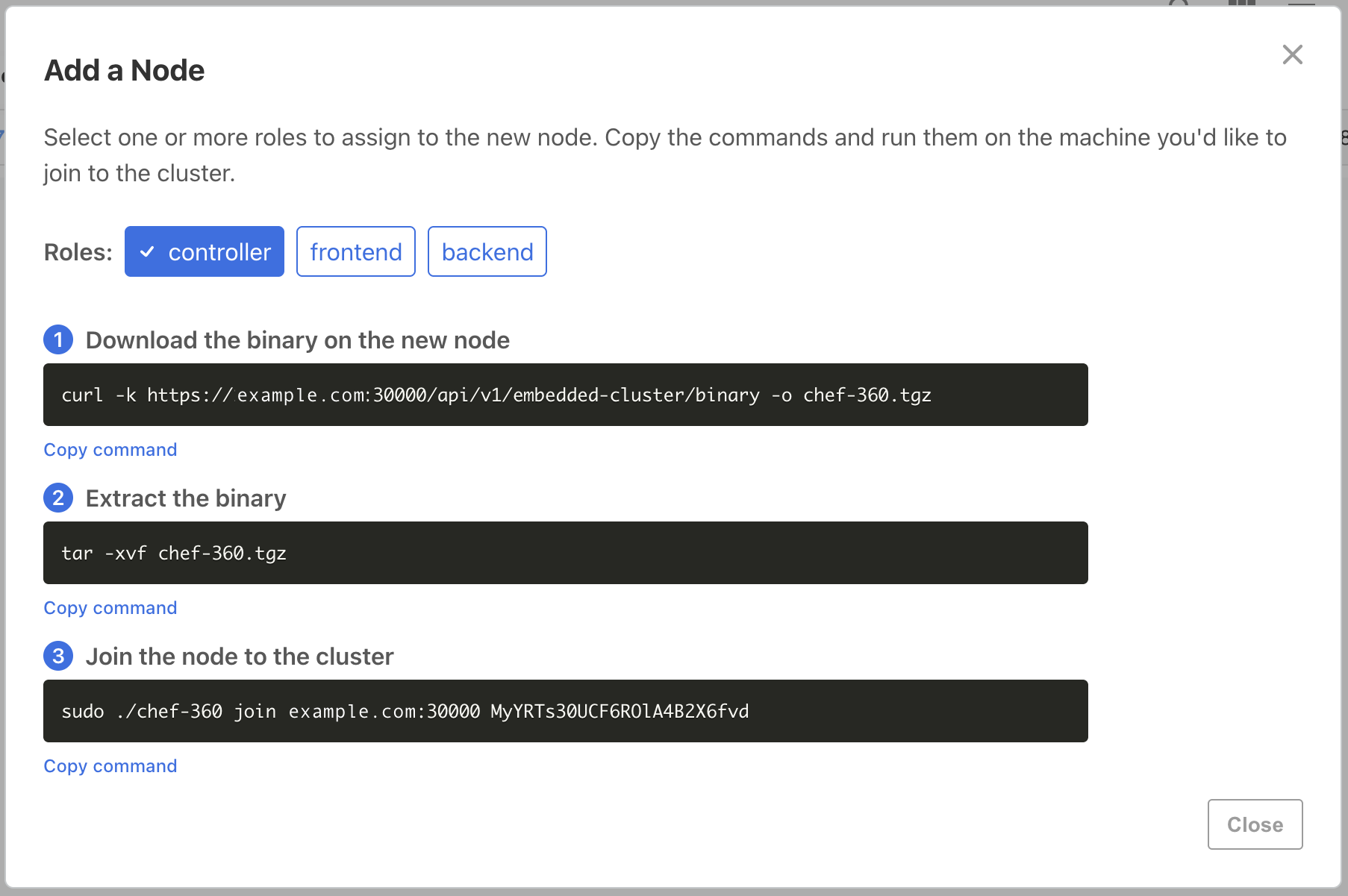 Add node screen showing role selection and commands